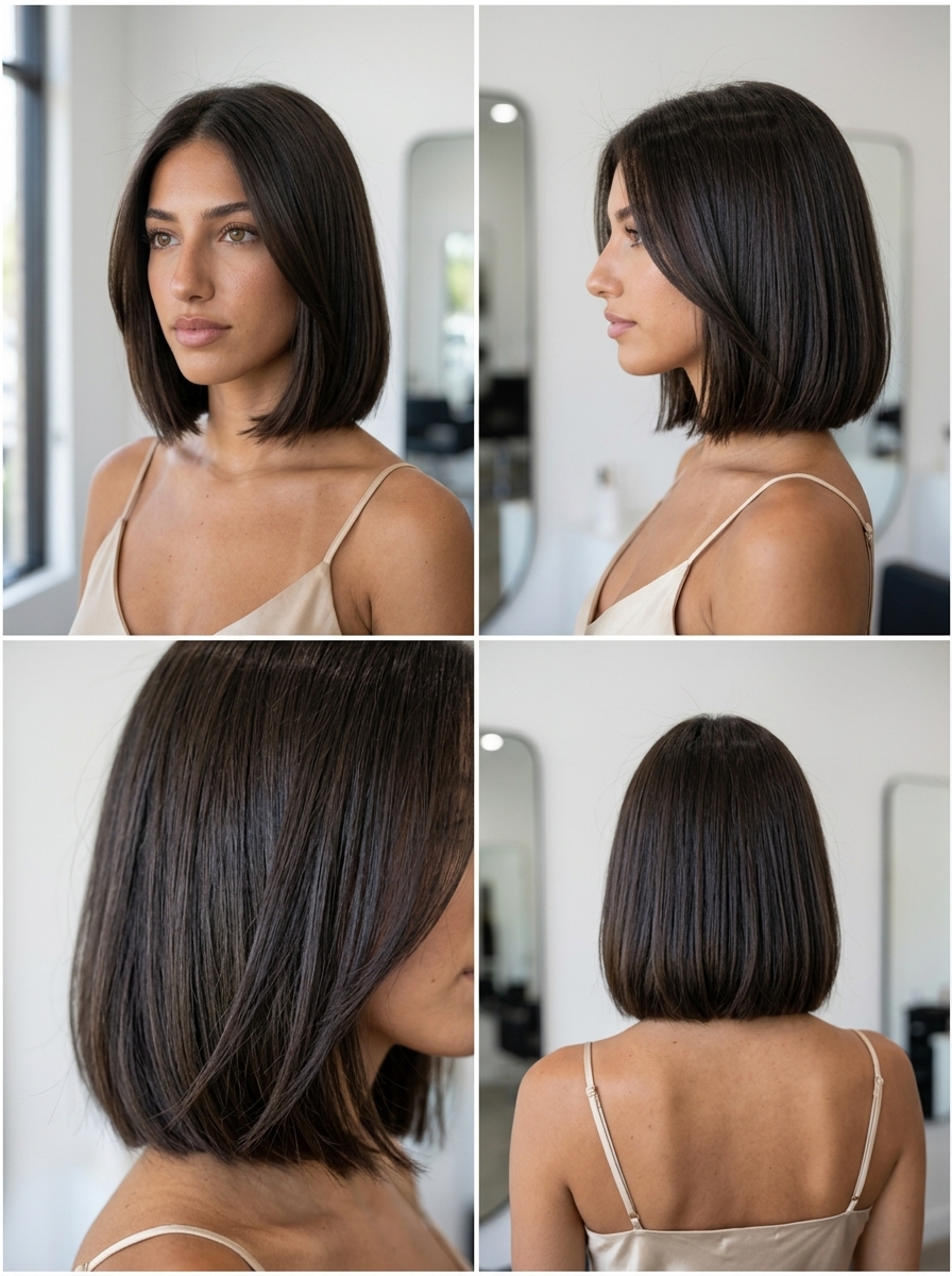chin-length blunt bob haircut with deep espresso brunette, internal thinning, no bangs — high-gloss office style