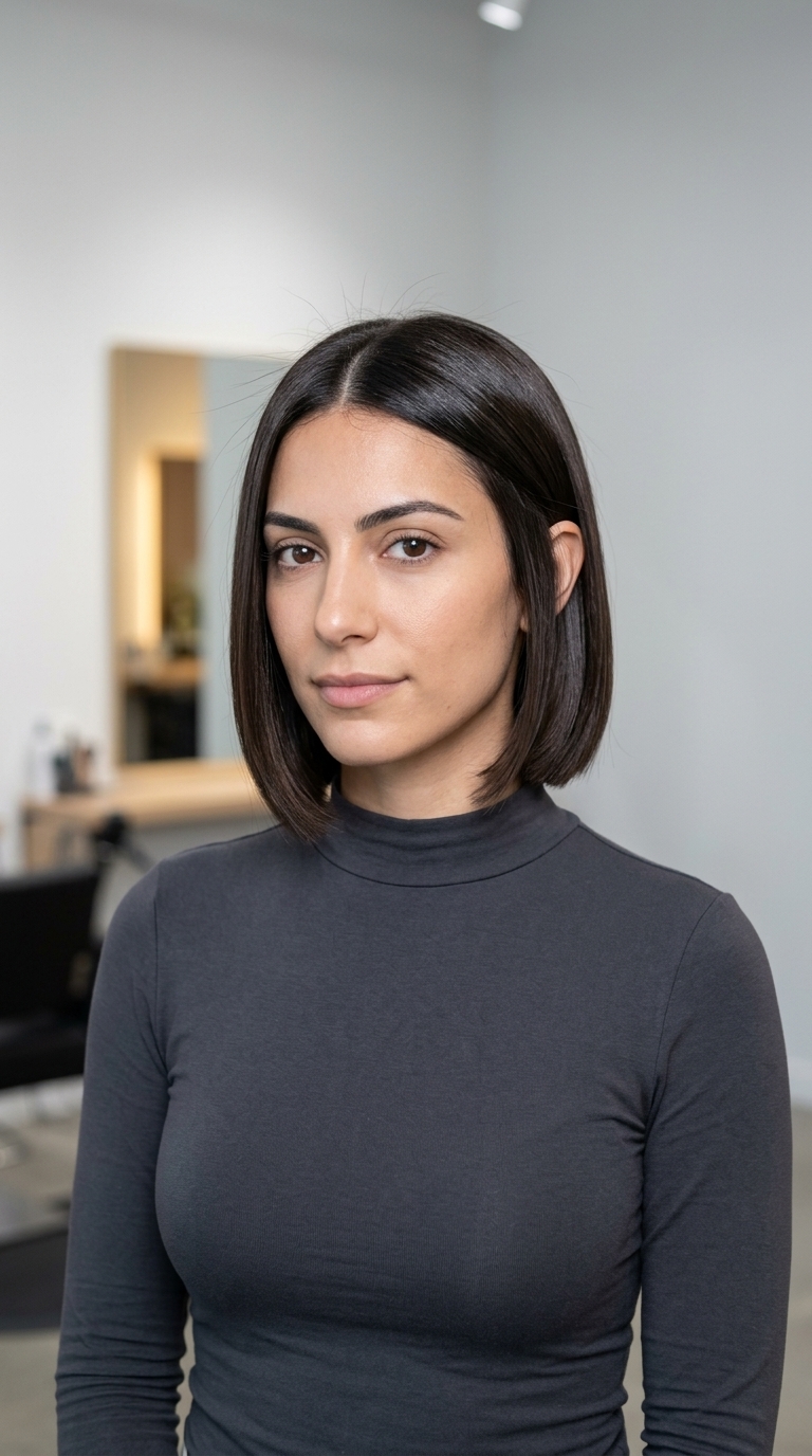 chin-length blunt bob haircut with deep espresso brunette, internal point-cutting, no bangs — sophisticated summer style