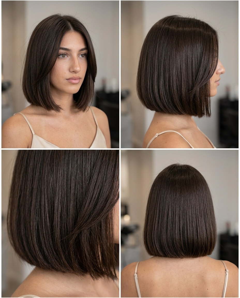 chin-length blunt bob haircut with deep espresso brunette, internal thinning, no bangs — polished office look