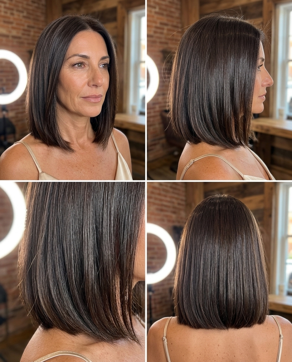 collarbone-length blunt bob haircut in espresso brunette with high gloss finish for sleek sophisticated professional wear