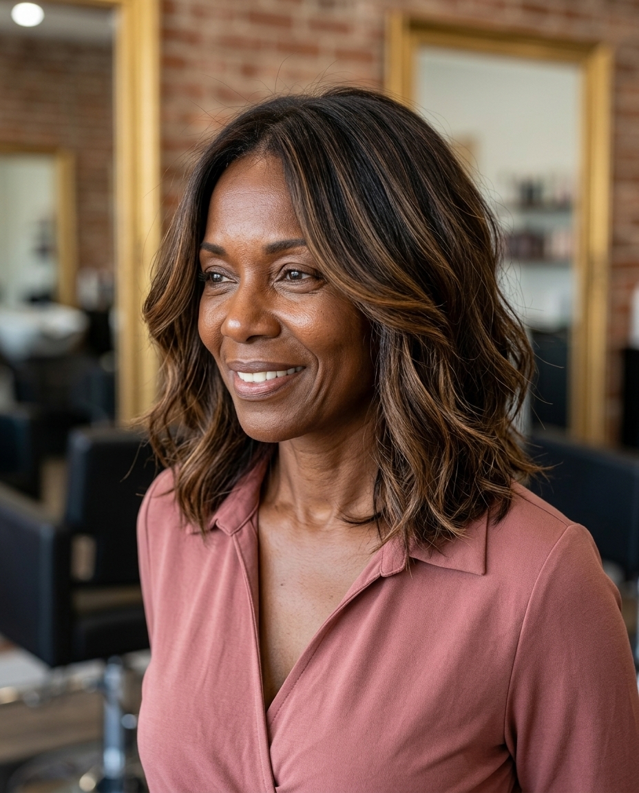collarbone-length lob haircut in espresso brunette with caramel balayage and graduated layers for playful bohemian style