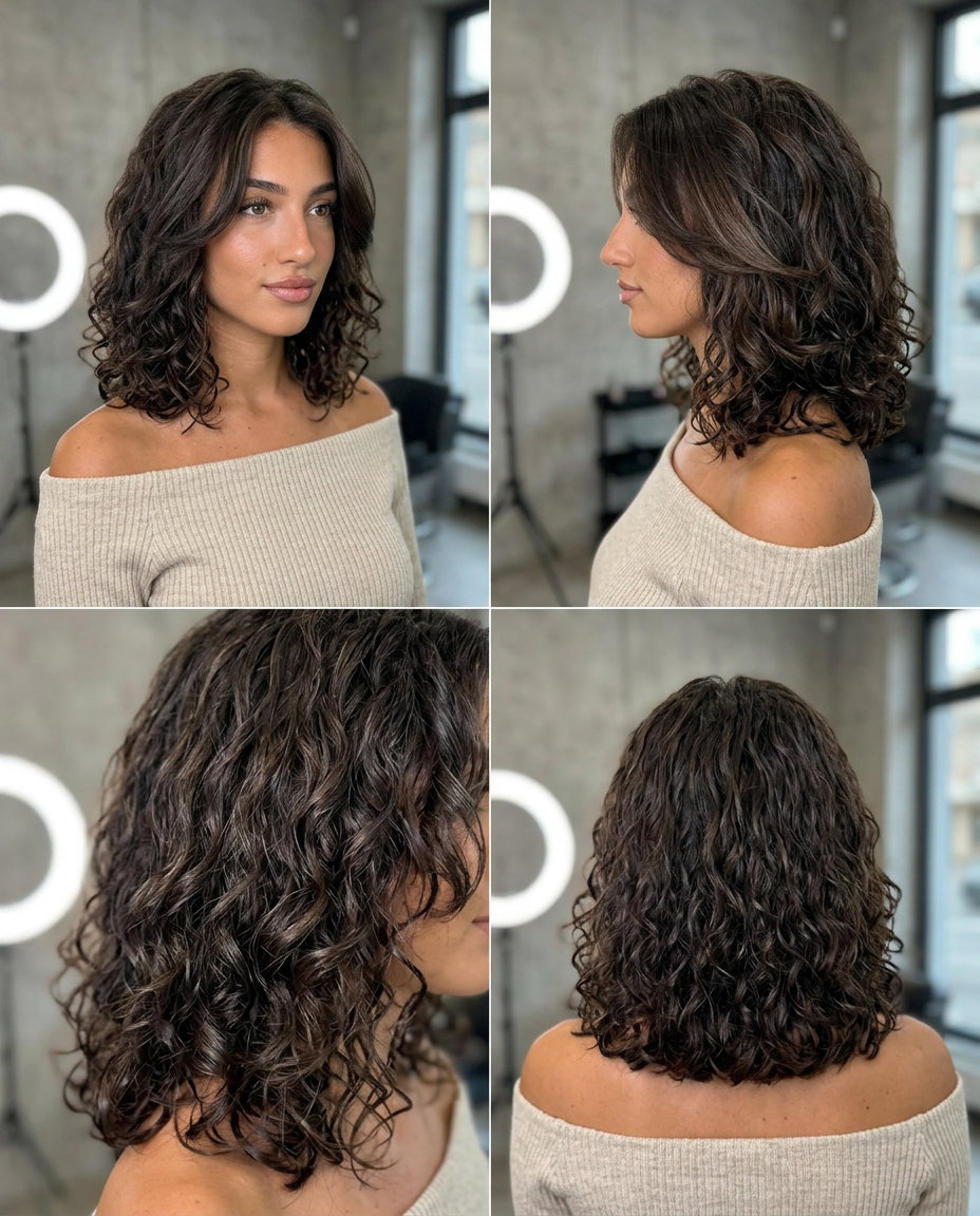 collarbone-length curly midi haircut in espresso brunette & mocha undertones, blunt U-shape back for chic office
