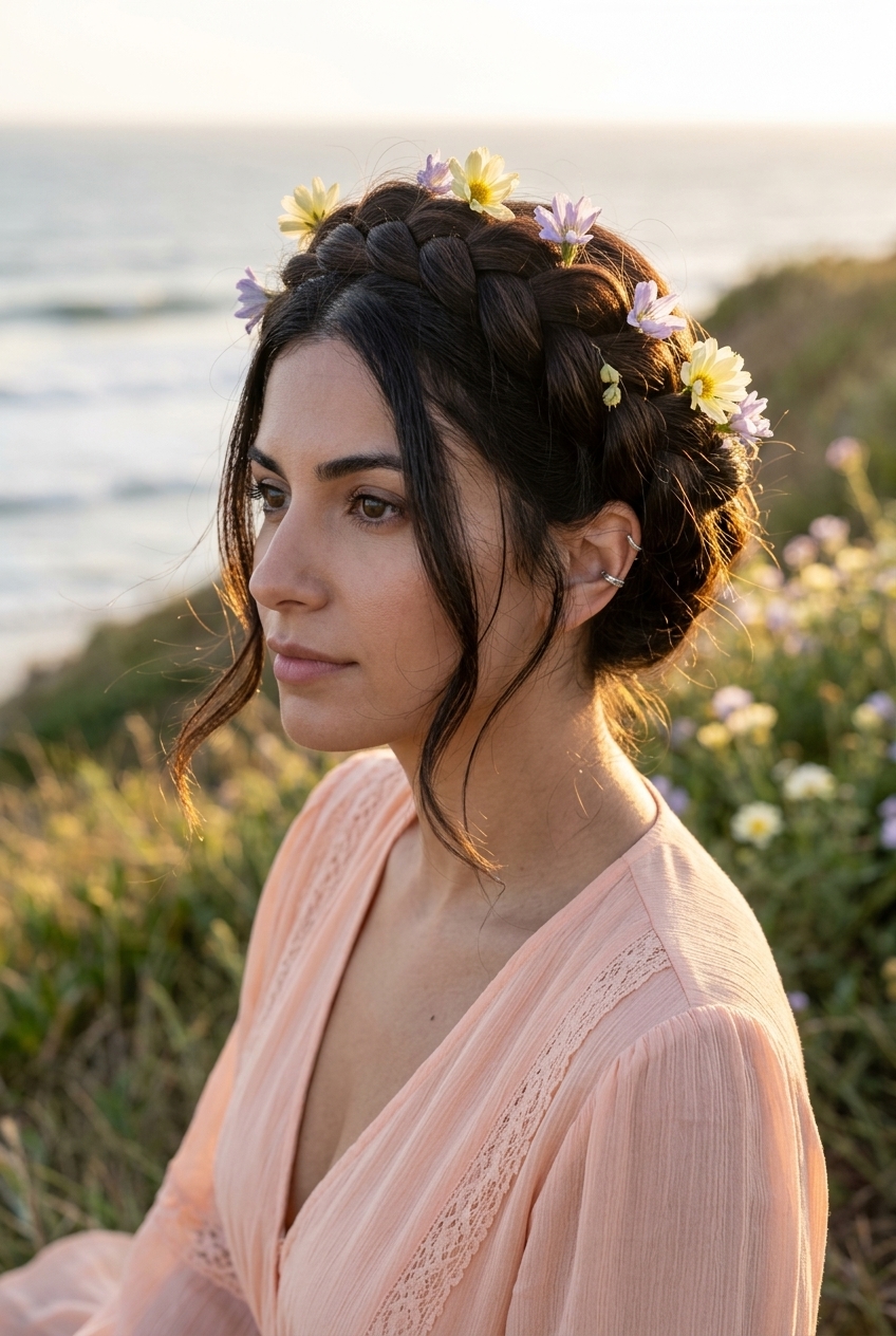 Romantic Braided Crown: Beach Vacation Hairstyles 2026 long deep espresso brunette braided crown with wildflowers, loose texture, romantic beach evening