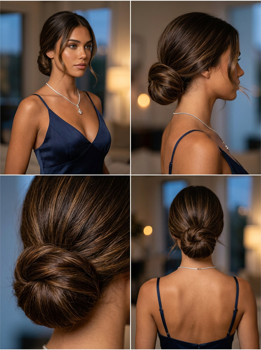 long espresso brunette chignon with face-framing tendrils and high shine for formal events