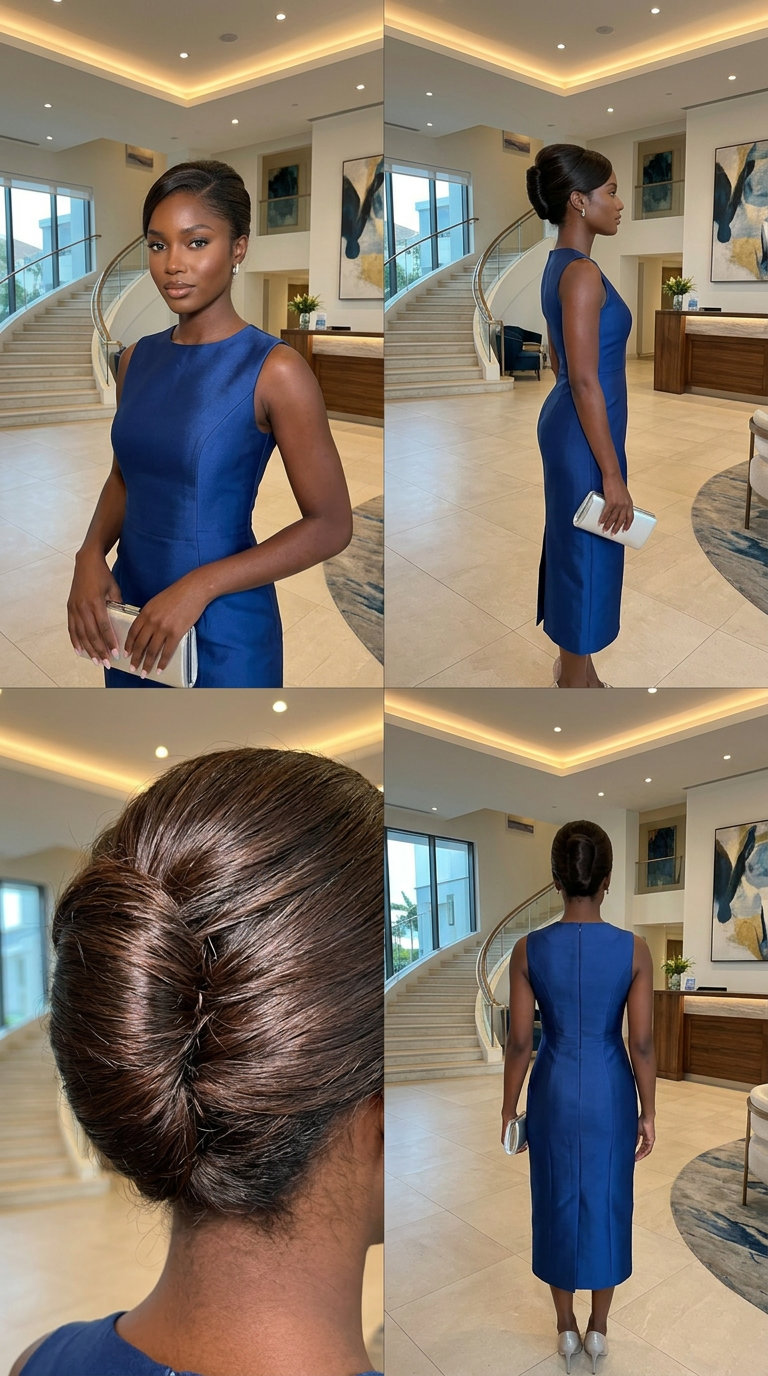 long dark brown hair with espresso tones, high-gloss French twist for professional event