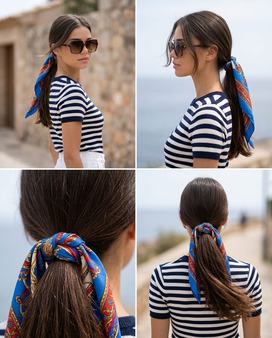 Low Pony with Scarf: Casual Luxe Summer 2026 long espresso brunette low ponytail with silk scarf accent and sleek finish for beach vacation summer 2026