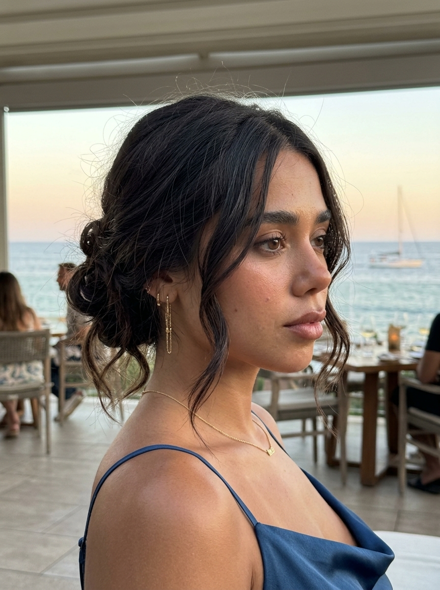Messy Bun with Tendrils: Elegant Summer 2026 long espresso brunette messy bun with face-framing tendrils and high-gloss finish for beach vacation summer 2026