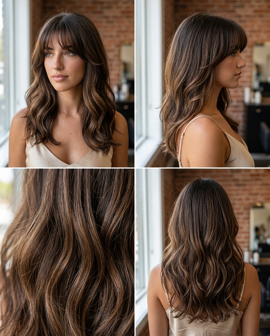 long wavy haircut in espresso with caramel lowlights and birkin fringe for summer