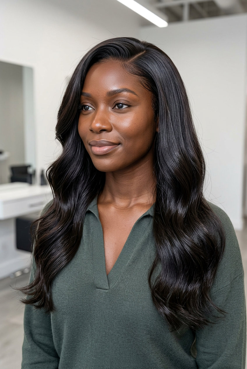long wavy haircut with espresso brunette color, ghost layers and U-shape for professional wear