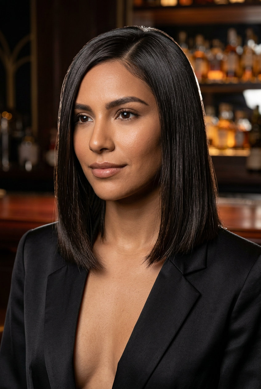 medium blunt lob deep espresso brunette with cool undertones, razor-sharp perimeter, deep side part — sophisticated date night