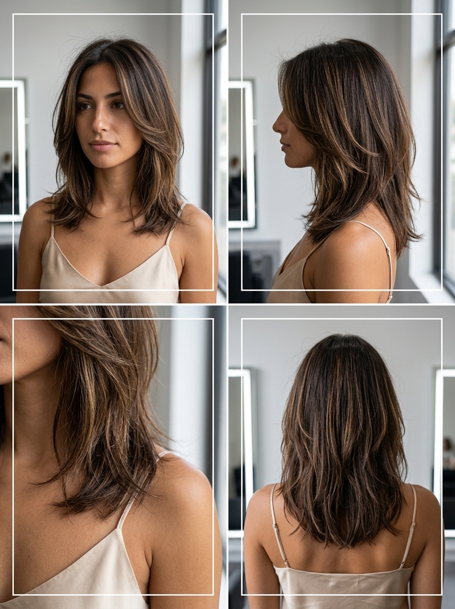 medium-length flowy butterfly haircut with espresso brunette, honey babylights, and chin face-framing for softness
