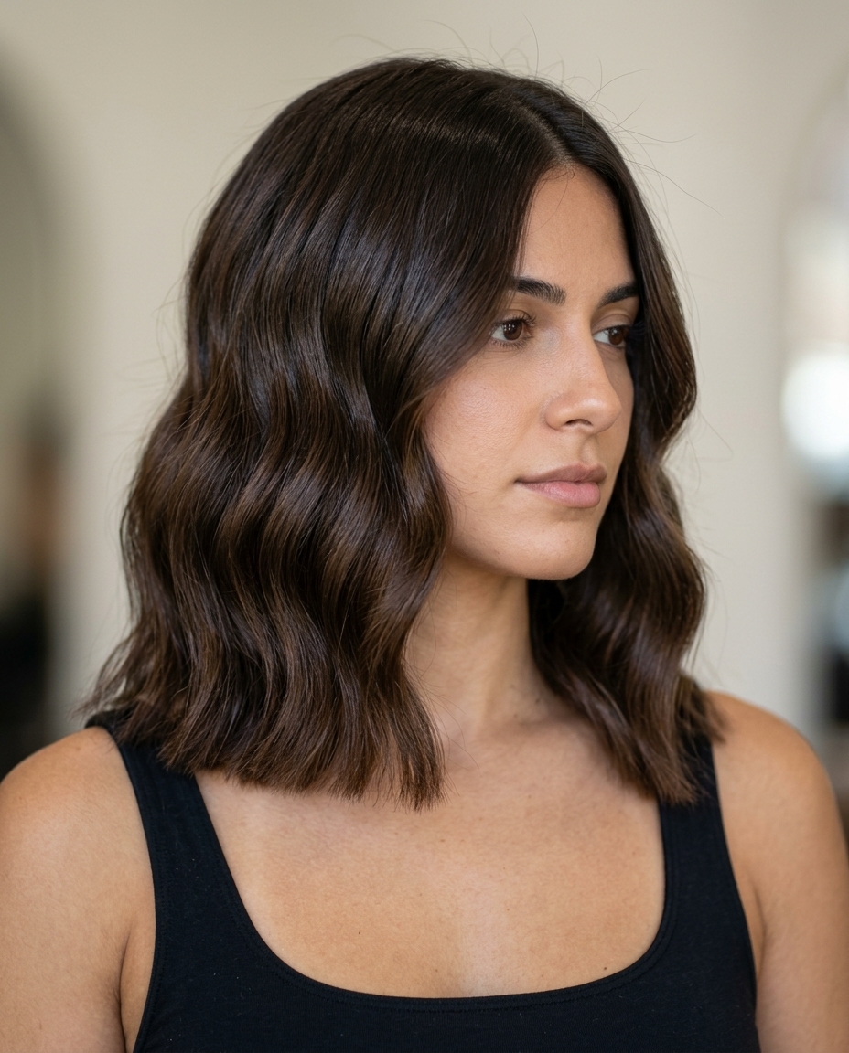 medium wavy haircut in rich espresso with high-gloss finish and blunt perimeter for summer