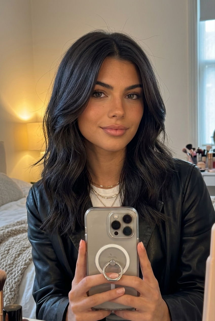 medium wavy haircut in rich espresso with subtle cool undertones and razored ends for summer