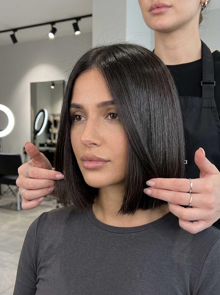neck-grazing bob haircut with deep espresso brunette, cool undertones, and blunt ends