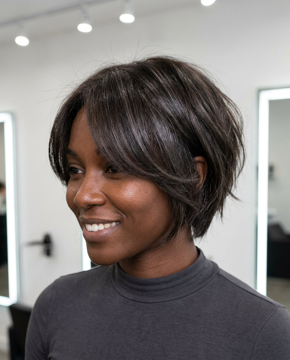 short choppy bixie haircut in deep espresso brunette with silver shimmer, layered texture, side-swept fringe — chic professional