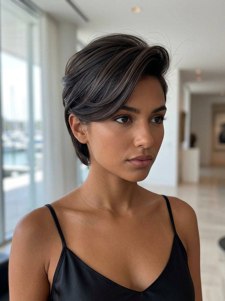 short french crop haircut with espresso brunette, voluminous side-swept, subtle bend — chic office style