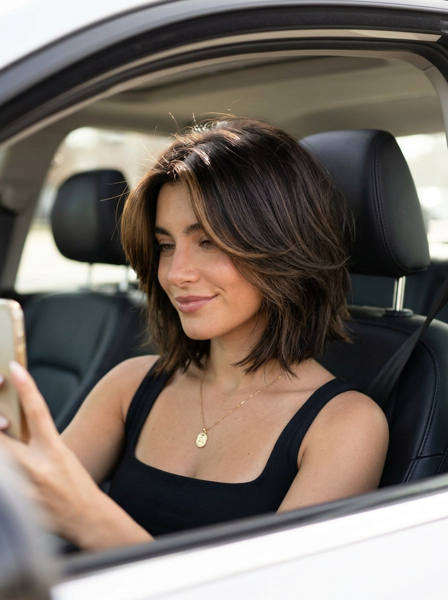 short shag haircut in espresso brunette with caramel money pieces and lived-in fringe for relaxed vibe