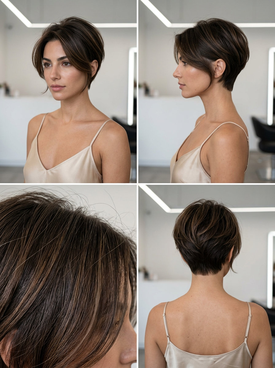 very short layered pixie haircut in rich espresso brunette with caramel babylights and soft face-framing pieces for summer