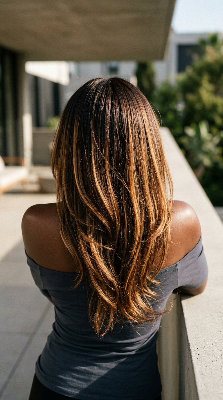 long espresso to caramel color melt with deep espresso to warm caramel, foilayage/airtouch, no fringe — bold sophisticated luxury