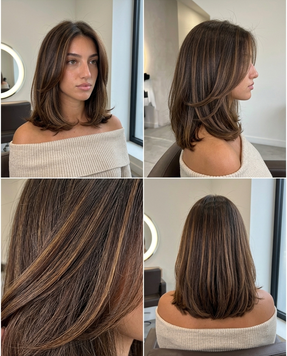 medium lob haircut in espresso brunette with caramel ribbons, chunky layers, no bangs — voluminous & retro