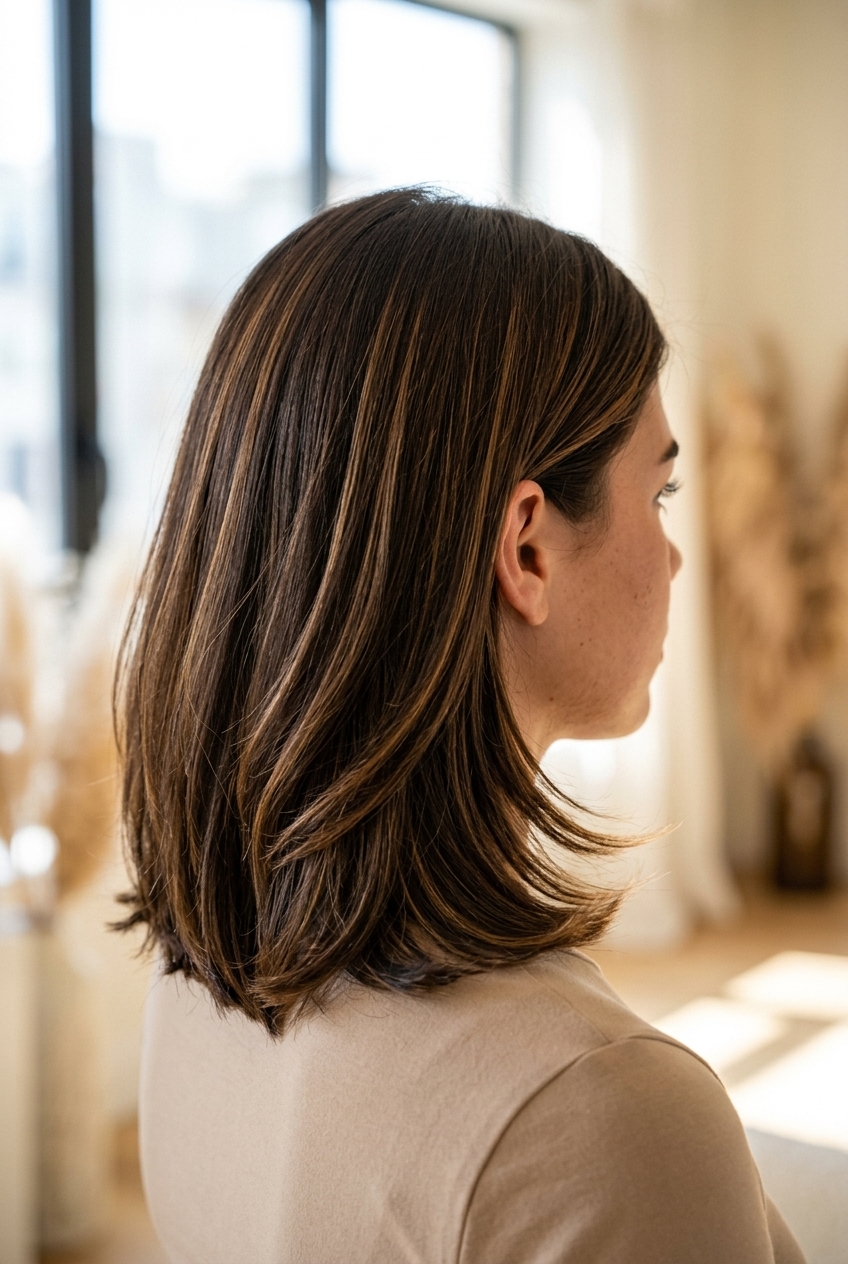 shoulder-length layered bob with espresso brunette & caramel ribbons, balayage technique for summer