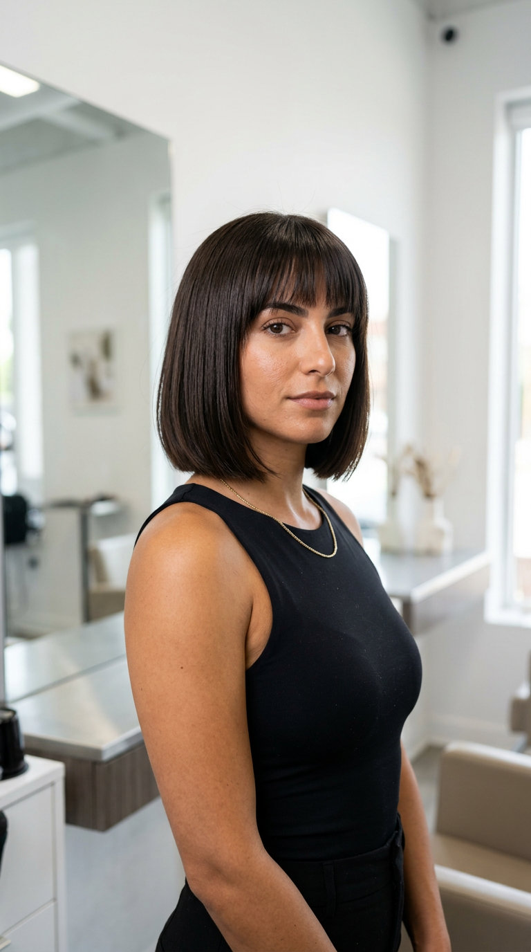 Chic Espresso Bob with Blunt Bangs 2026 chin-length bob haircut with espresso brunette, blunt perimeter, and blunt micro-fringe for summer 2026