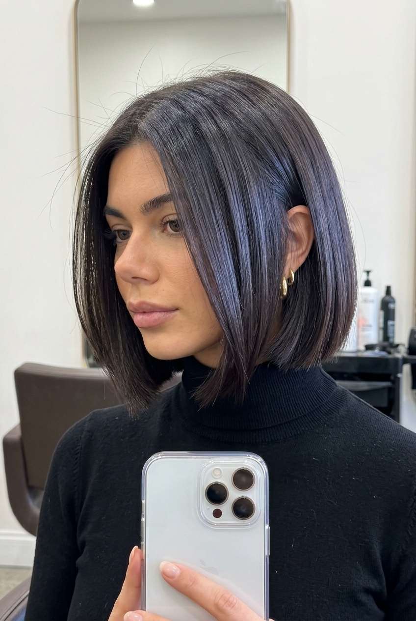 chin-length italian bob haircut with deep espresso and blue-violet undertones for sophistication