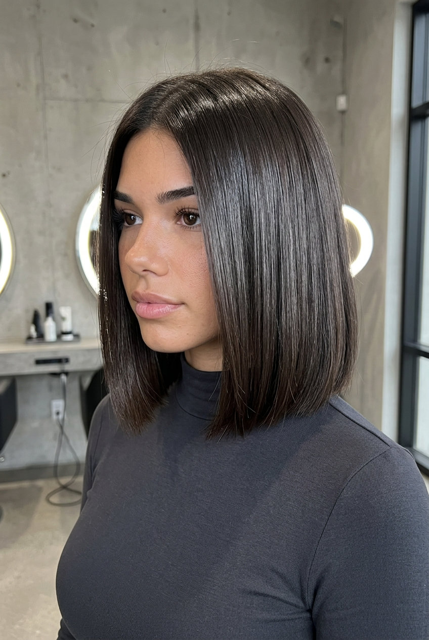 chin-length blunt bob deep espresso brunette with cool undertones, high-shine gloss — professional office chic