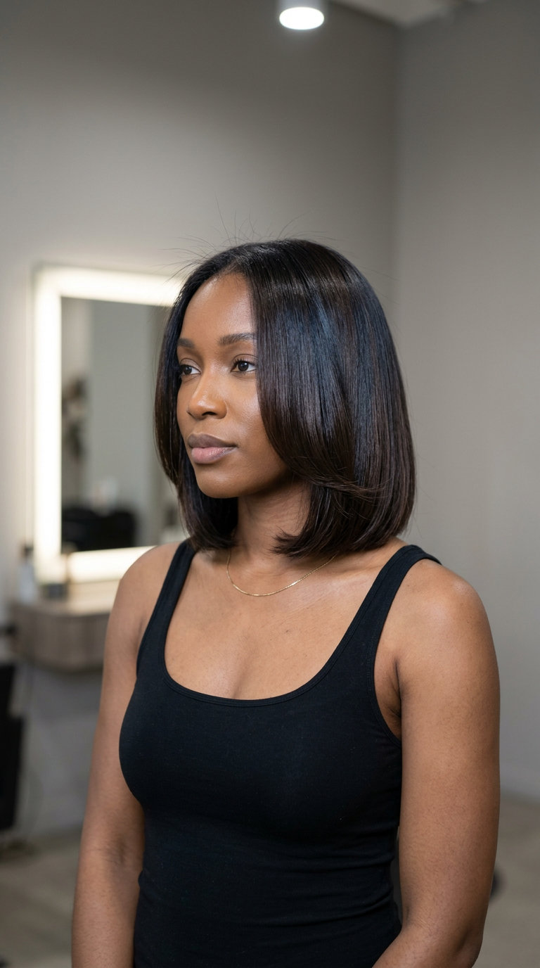 chin-length bob haircut in deep espresso with blue-black undertones, U-shaped layers, sculpted mood