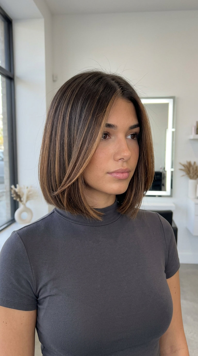 chin-length Italian bob with caramel babylights, ghost layers, blunt perimeter — sophisticated chic