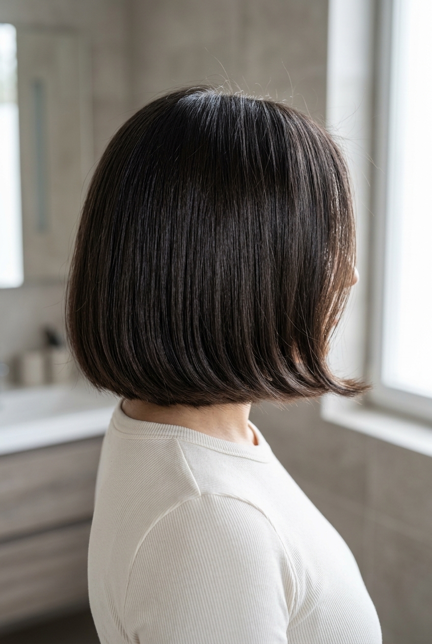 chin-length espresso italian bob with high gloss finish for professional look