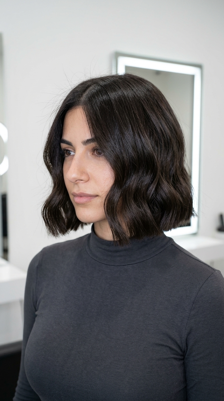 chin-length wavy bob haircut in deep espresso with high-gloss finish, blunt perimeter, no fringe — sleek