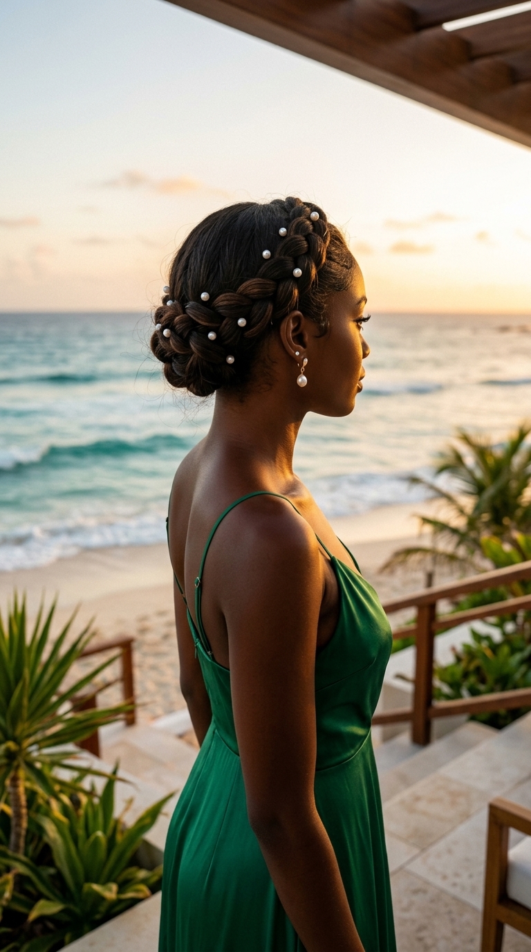 Regal Halo Braid: Pretty Summer Hairstyle for Black Women 2026 long deep espresso Dutch braid with pearl accents for summer wedding guest