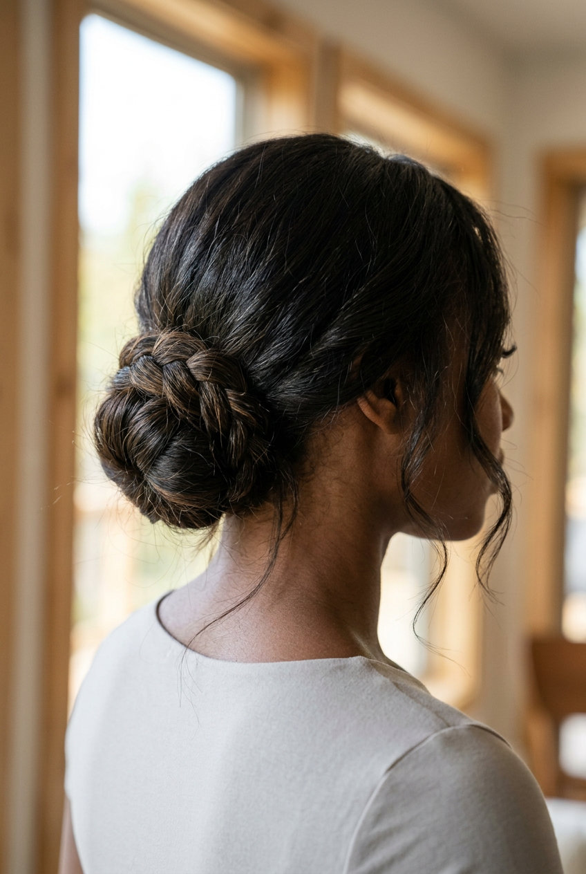 Romantic Low Braided Bun 2026 long rich espresso braided bun with loose strands for date night