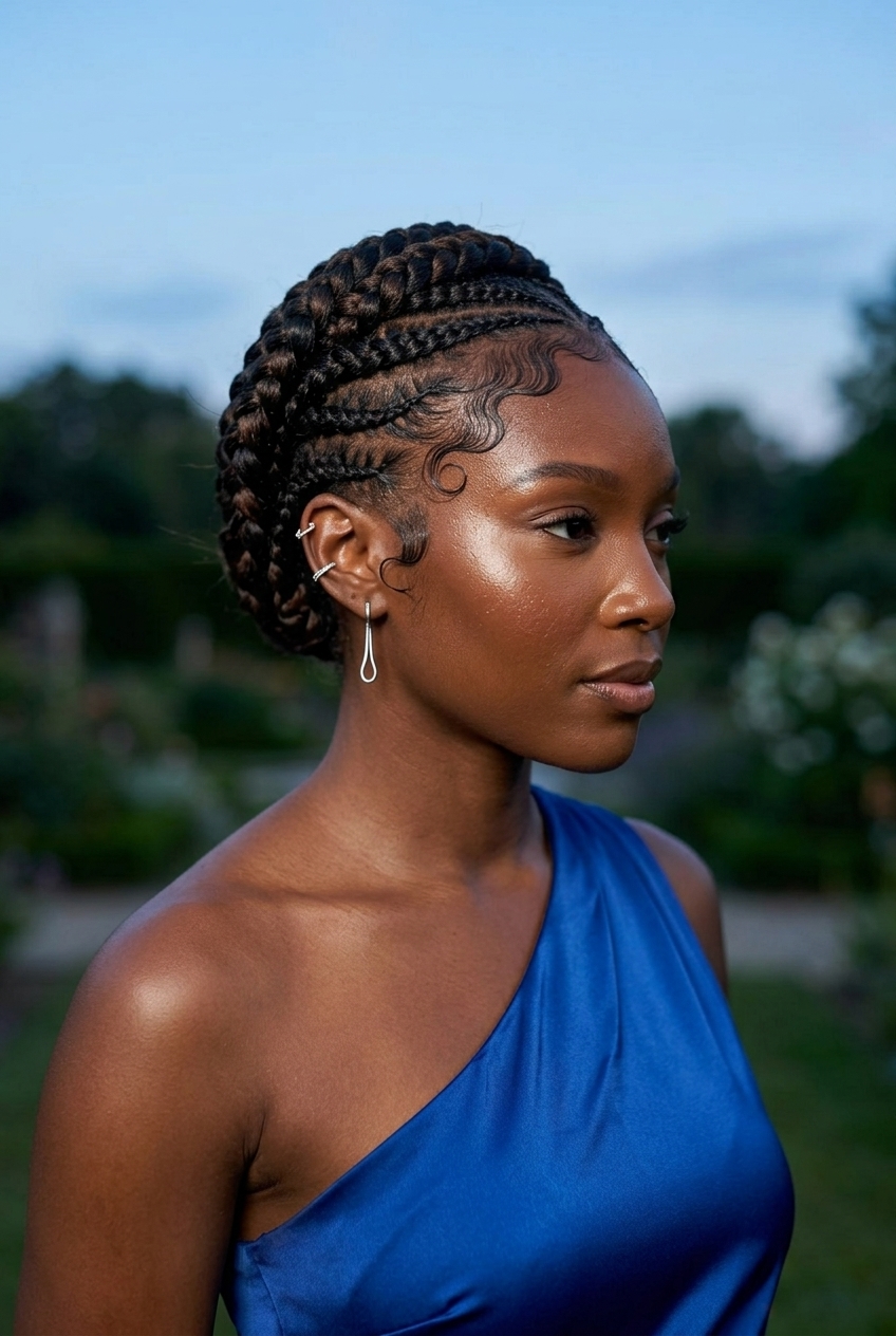 Regal Braided Updo: Pretty Summer Hairstyle for Black Women 2026 long deep espresso braided updo with sculpted edges and high-shine finish