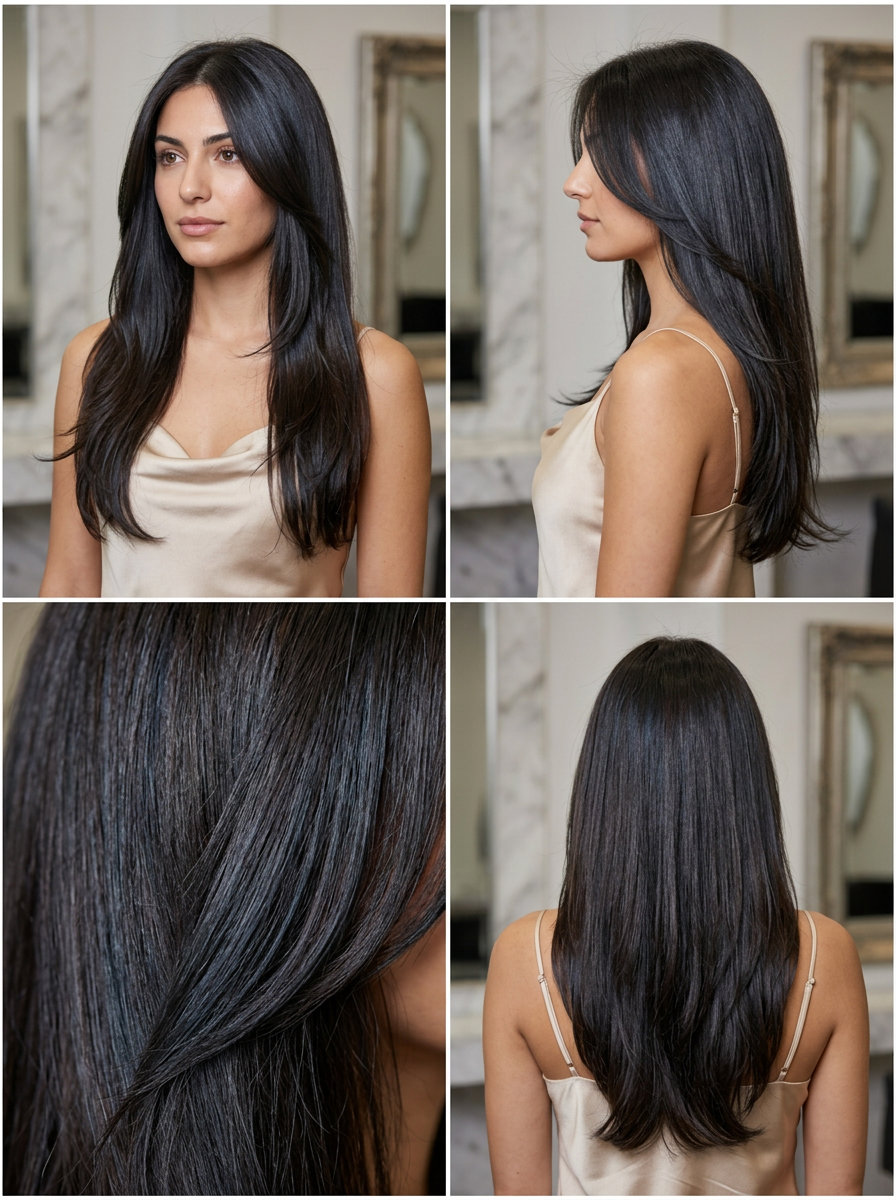 long cascade haircut in deep espresso with blue-black undertones, soft U-shape, sophisticated mood
