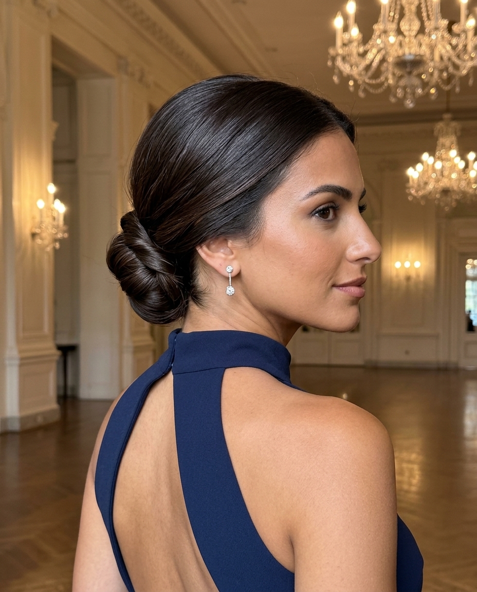 long sleek chignon with deep espresso brown color and high-gloss finish for summer wedding guest hairstyles 2026