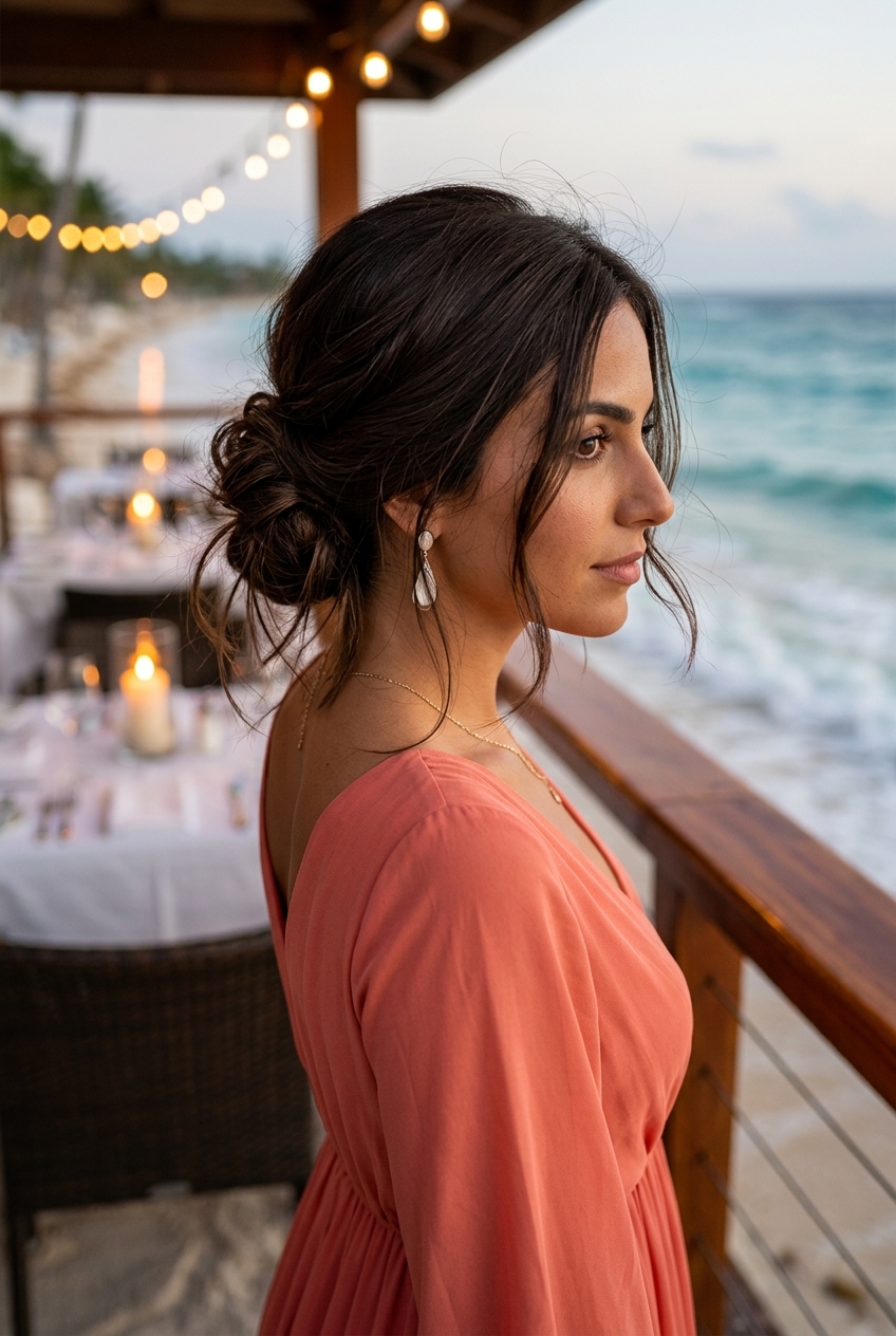 Coastal Chignon: Easy Beach Updo 2026 long deep espresso chignon with textured wisps and face-framing pieces for summer evening event