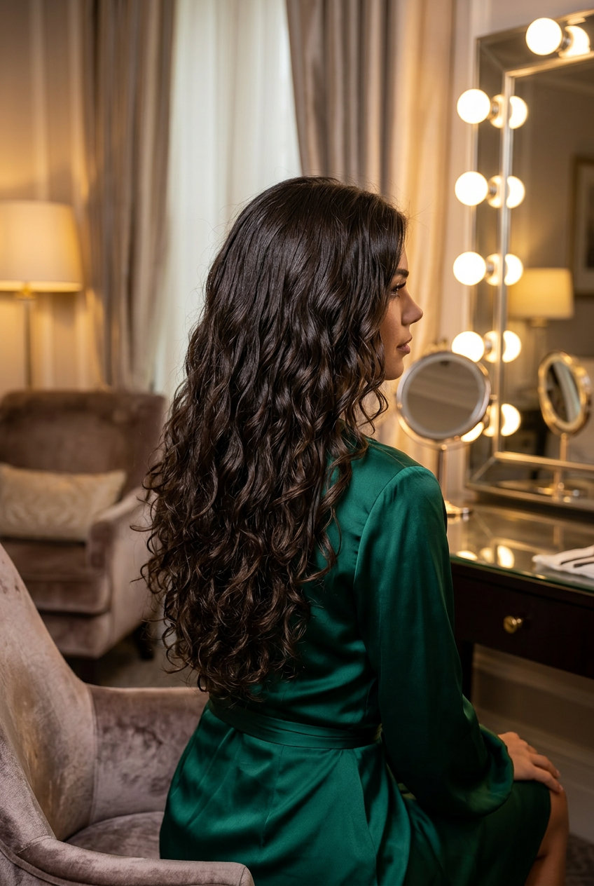 long curly hair with espresso glaze, ghost layers for sophisticated events