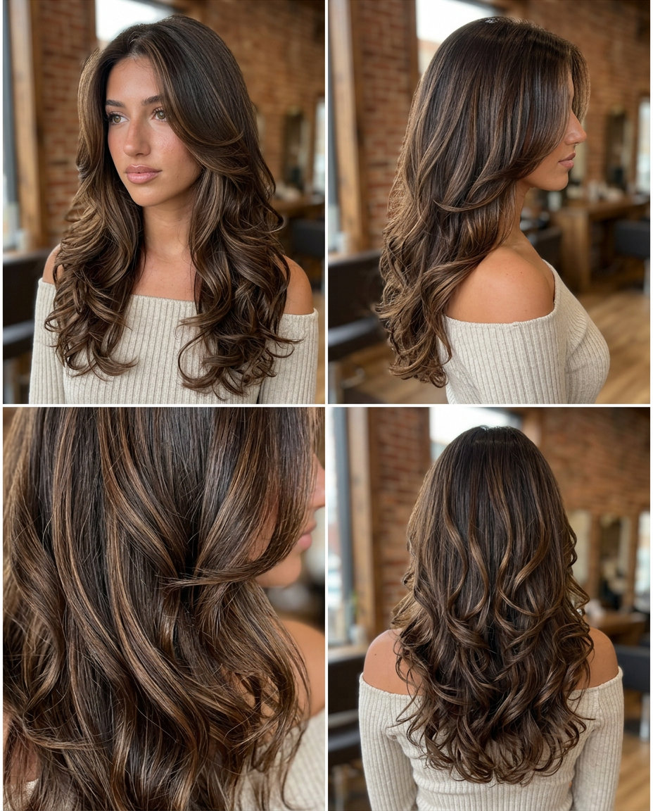 long curly layered haircut with rich espresso glaze, warm mocha lowlights, no fringe — romantic wedding guest
