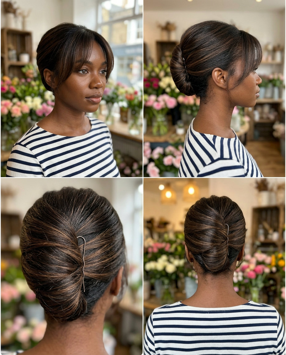 Parisian French Twist Updo 2026 long parisian french twist updo with espresso mocha tones, face-framing bangs, no fringe — sophisticated