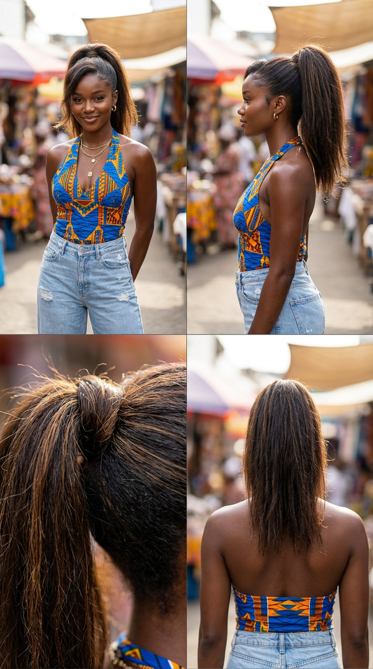 Voluminous Summer Pony: Easy Hairstyle 2026 long high ponytail with espresso brunette, caramel ribbons, textured volume — bold summer style
