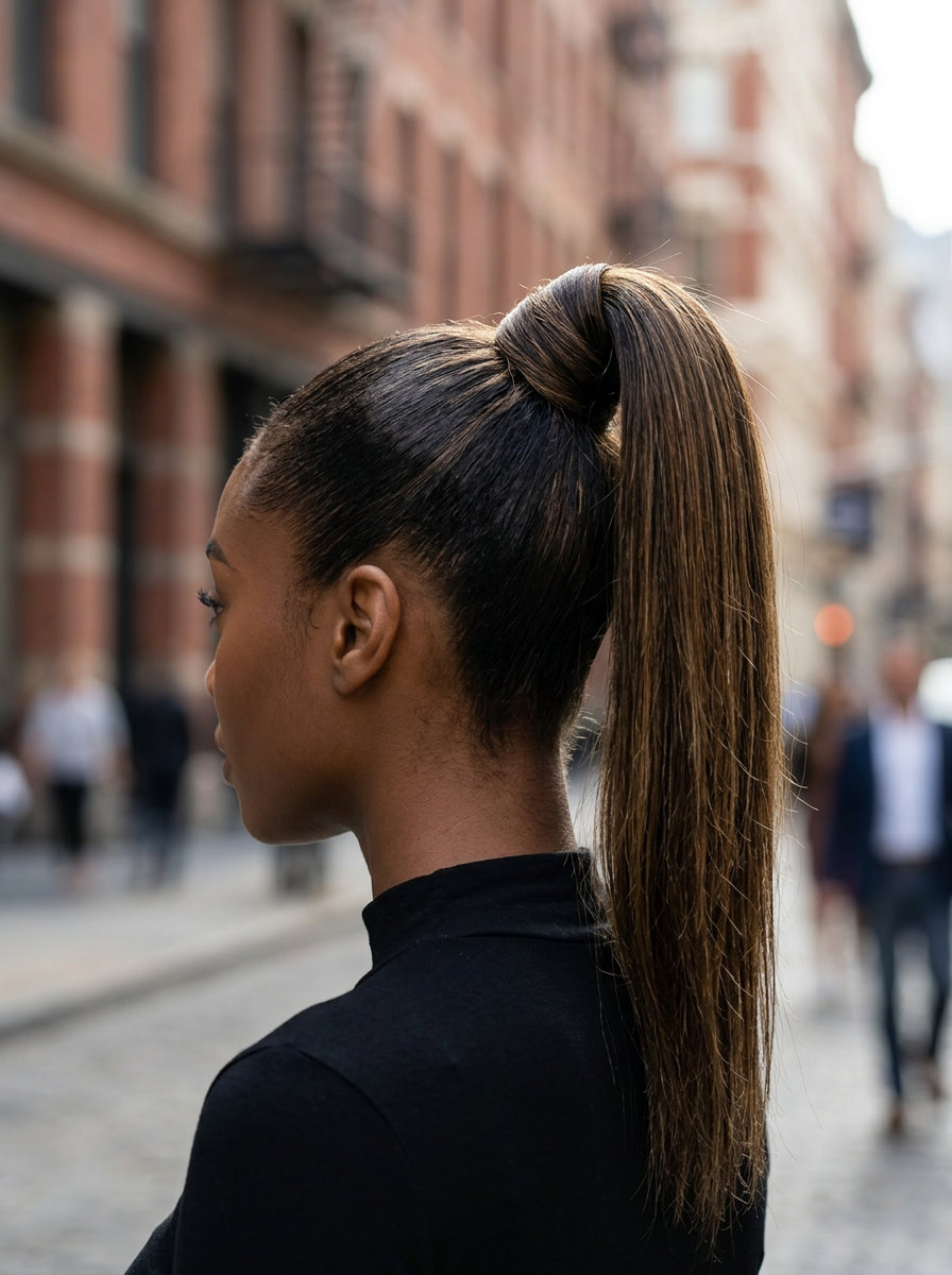 Sleek High Ponytail with Wrap Detail 2026 long high ponytail with wrap-around detail and rich espresso color for work