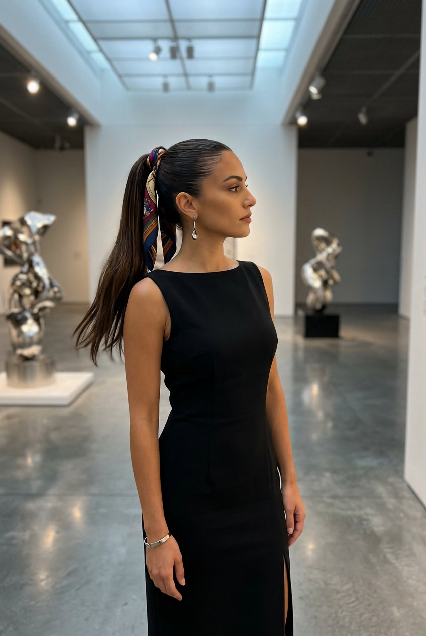 long espresso brunette sleek high ponytail with silk scarf wrap for black tie event