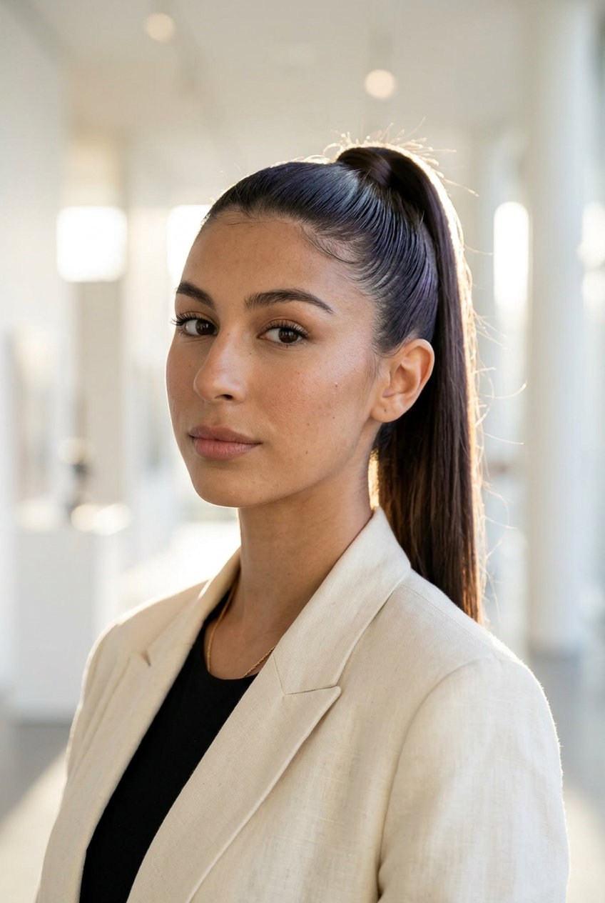 Chic Espresso Pony 2026: Polished & Sleek long espresso brunette high ponytail with sleek finish for work event