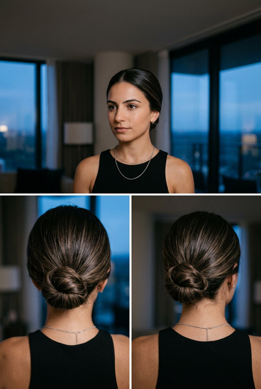 Sleek Summer Low Bun 2026 long deep espresso sleek low bun with face-framing sections, polished finish — sophisticated minimalist professional