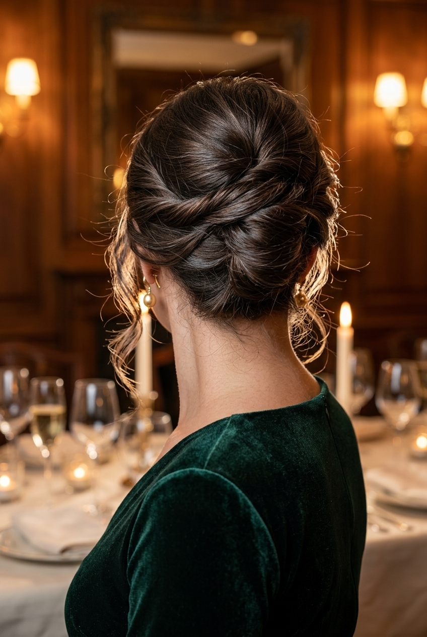 long espresso roast brunette romantic undone french twist with textured pins for summer wedding guest