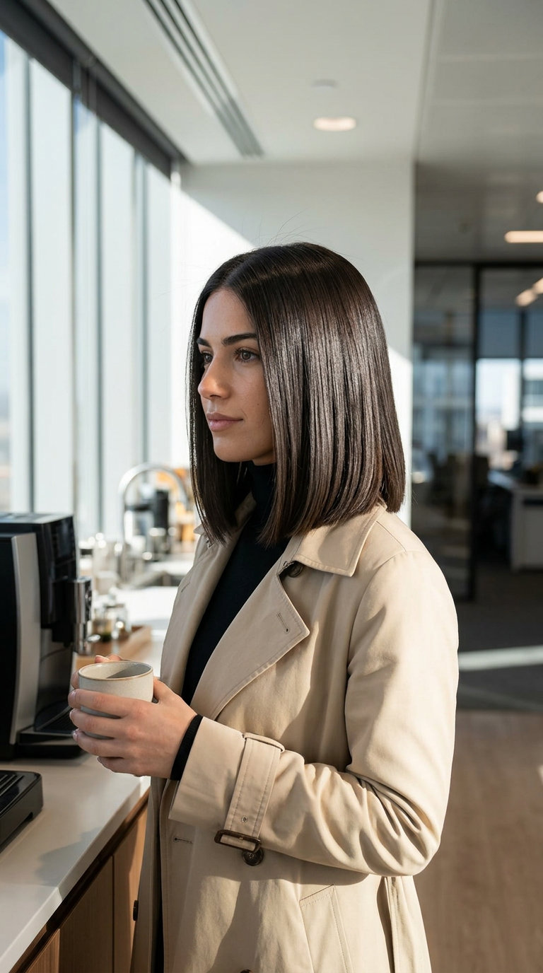 medium blunt lob haircut with espresso martini brunette, high-gloss finish — professional sophisticated