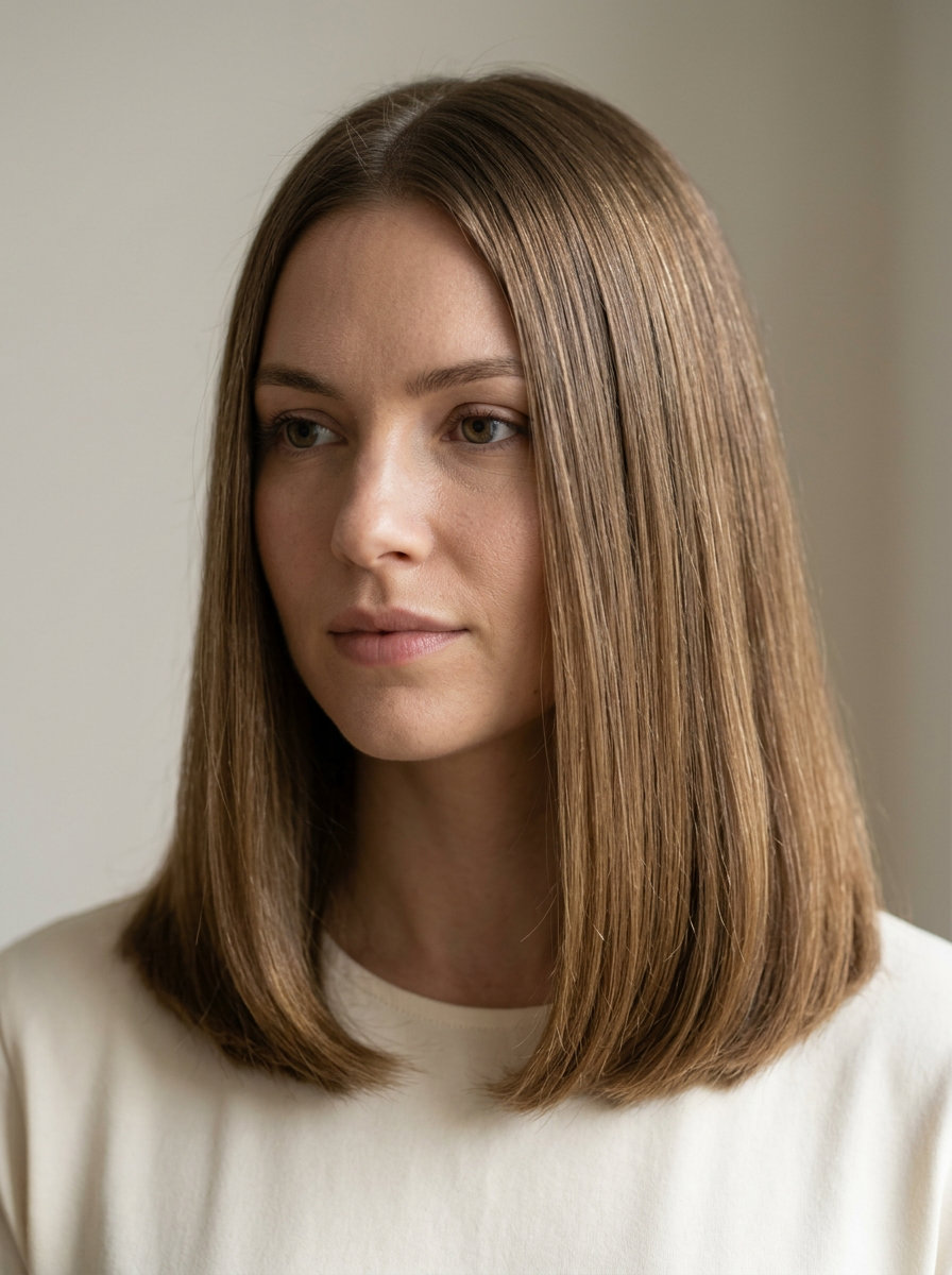 medium U-cut haircut with deep espresso martini brunette, high-shine, no fringe — classic polished