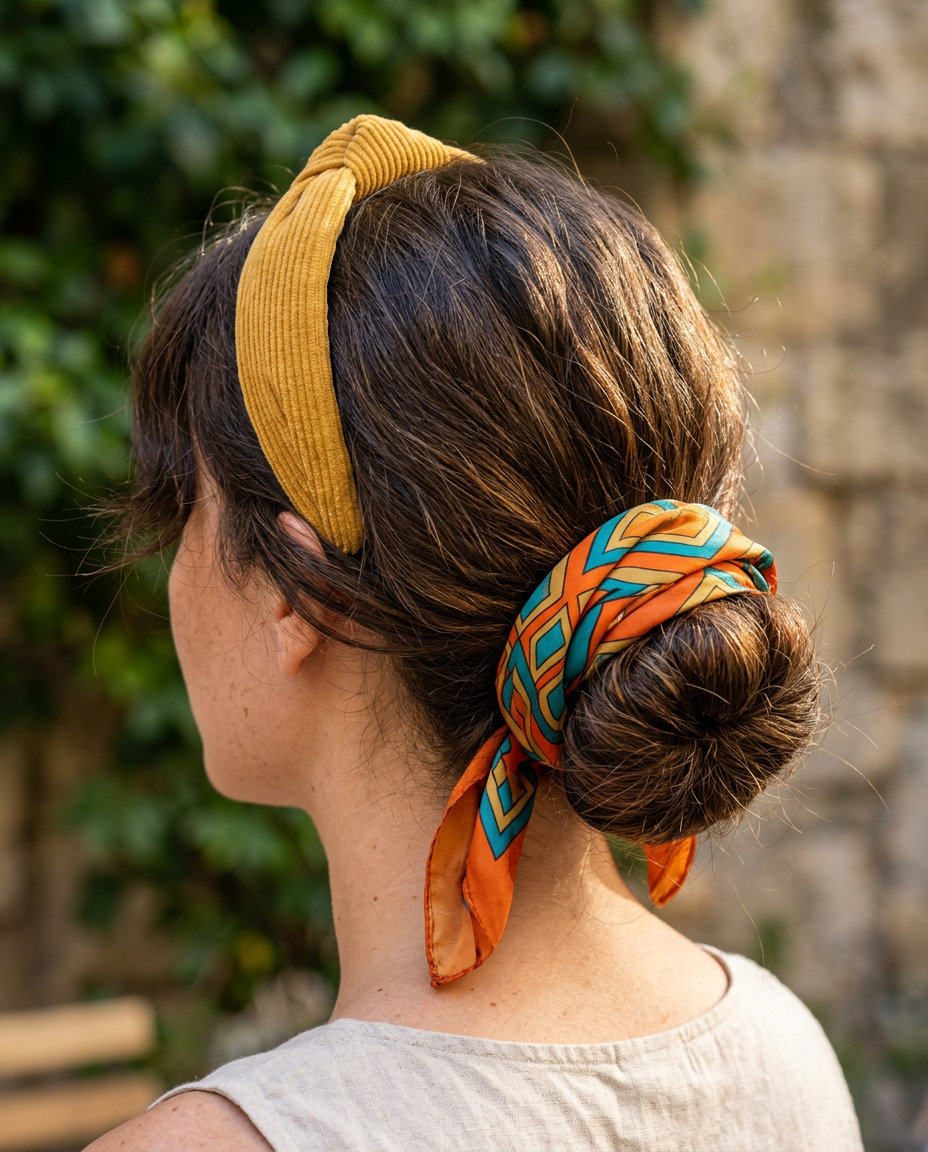 Retro Scarf Bun: Chic Summer Hairstyle 2026 messy low bun with natural espresso, retro scarf accent, no fringe — playful summer style